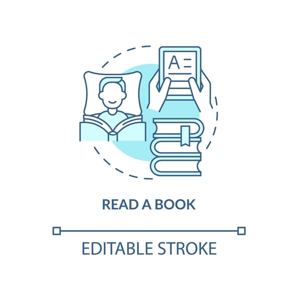 Read book turquoise concept icon. Relax and study. Morning routine for health abstract idea thin line illustration. Isolated outline drawing. Editable stroke. Roboto-Medium, Myriad Pro-Bold fonts used vector