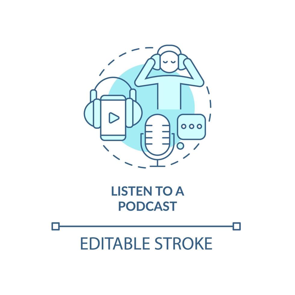 Listen to podcast turquoise concept icon. Enjoying radio show in morning abstract idea thin line illustration. Isolated outline drawing. Editable stroke. Roboto-Medium, Myriad Pro-Bold fonts used vector