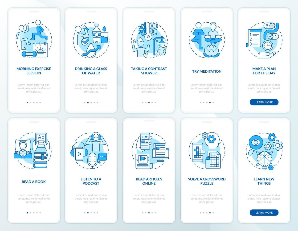 Morning routine blue onboarding mobile app screen set. Day starting walkthrough 5 steps graphic instructions pages with linear concepts. UI, UX, GUI template. Myriad Pro-Bold, Regular fonts used vector