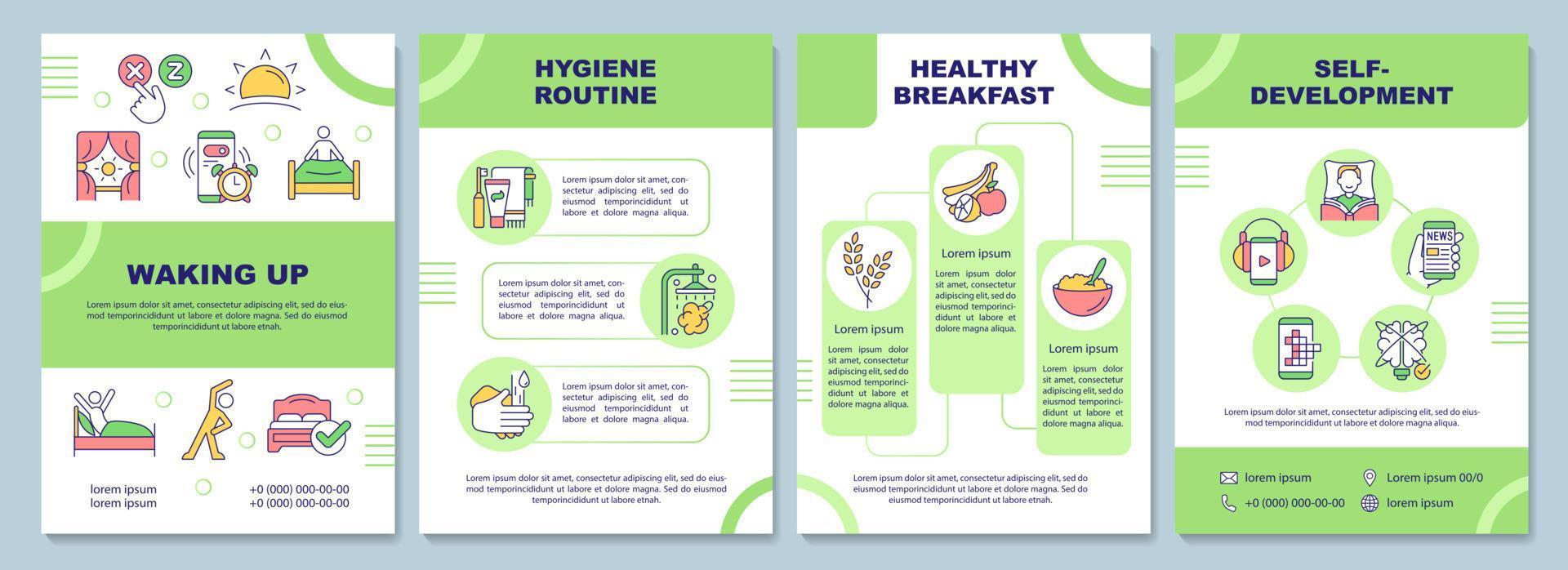 Waking up green brochure template. Morning activity tips. Booklet print design with linear icons. Vector layouts for presentation, annual reports, ads. Arial-Black, Myriad Pro-Regular fonts used