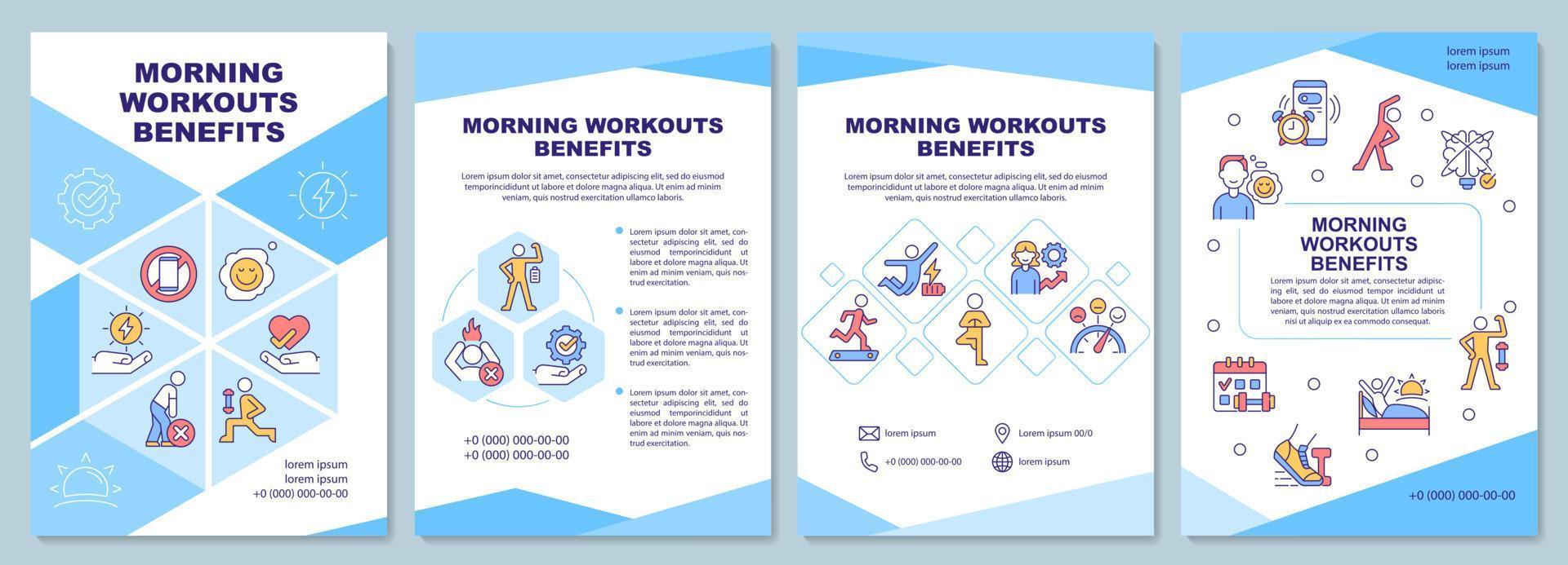 Morning workout benefits blue brochure template. Sports life. Booklet print design with linear icons. Vector layouts for presentation, annual reports, ads. Arial-Black, Myriad Pro-Regular fonts used