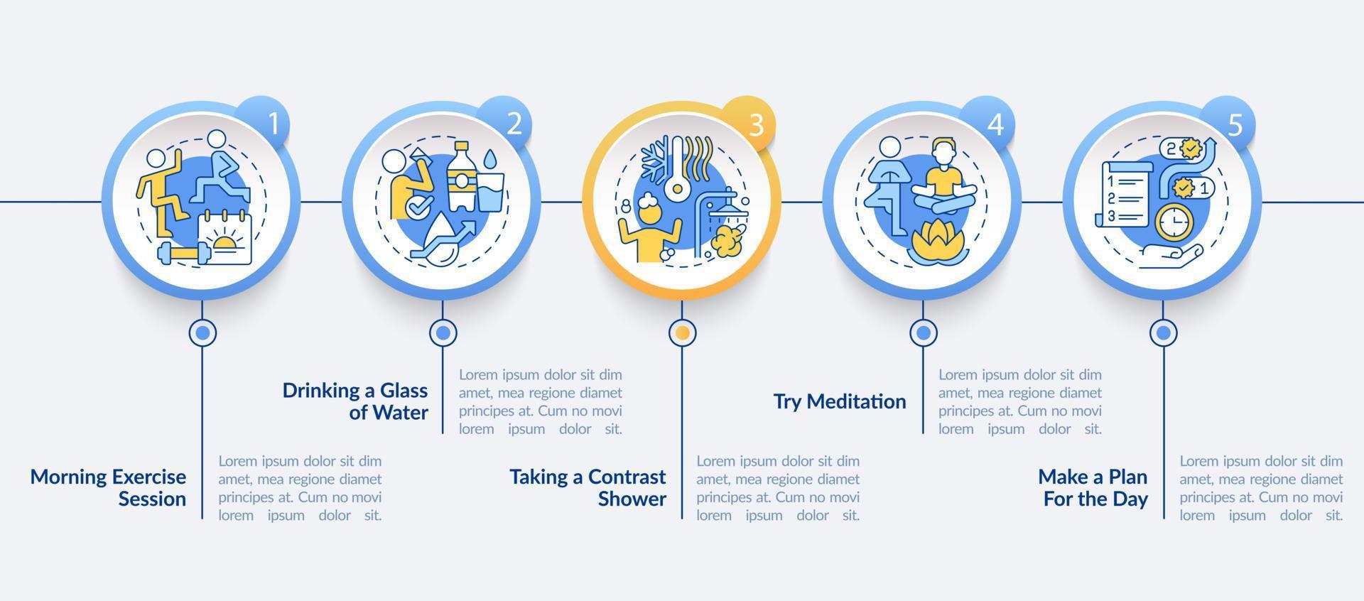 Daily morning routine blue circle infographic template. Healthy life. Data visualization with 5 steps. Process timeline info chart. Workflow layout with line icons. Myriad Pro-Bold, Regular fonts used vector