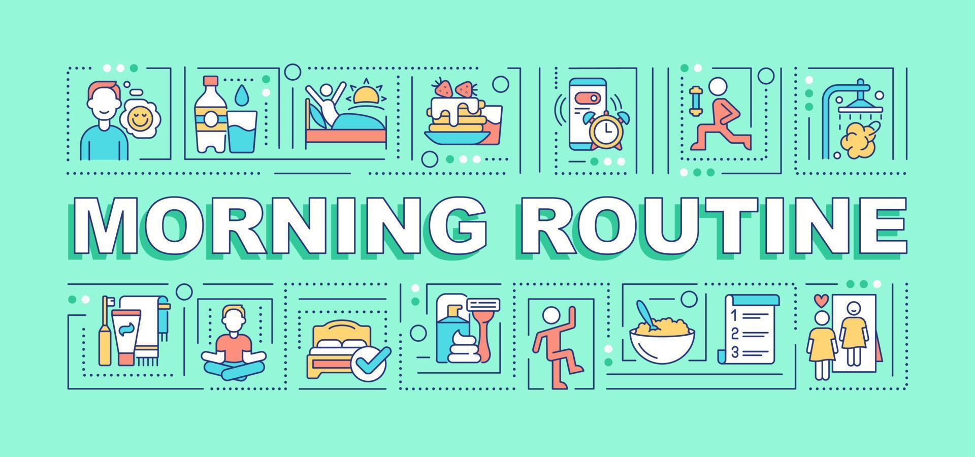 Morning routine word concepts green banner. Healthy day start. Infographics with linear icons on background. Isolated typography. Vector outline color illustration with text. Arial-Black font used