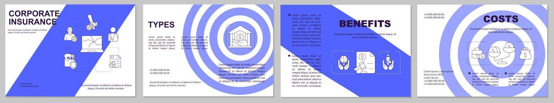 Corporate insurance blue brochure template. Coverage. Booklet print design with linear icons. Vector layouts for presentation, annual reports, ads. Arial, Myriad Pro-Regular fonts used