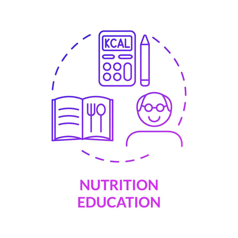 Nutrition education purple gradient concept icon. Choosing dietary food products abstract idea thin line illustration. Isolated outline drawing. Roboto-Medium, Myriad Pro-Bold fonts used vector