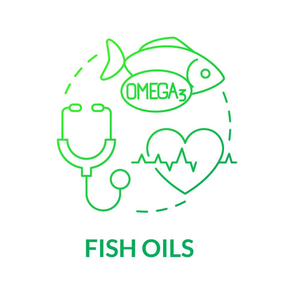 Fish oils green gradient concept icon. Fat acids and vitamins from seafood abstract idea thin line illustration. Isolated outline drawing. Roboto-Medium, Myriad Pro-Bold fonts used vector