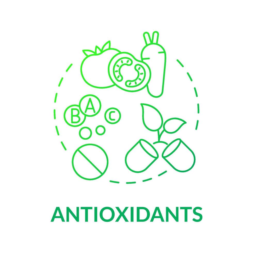 Antioxidants green gradient concept icon. Nutrition for healthcare. Fitness supplements abstract idea thin line illustration. Isolated outline drawing. Roboto-Medium, Myriad Pro-Bold fonts used vector