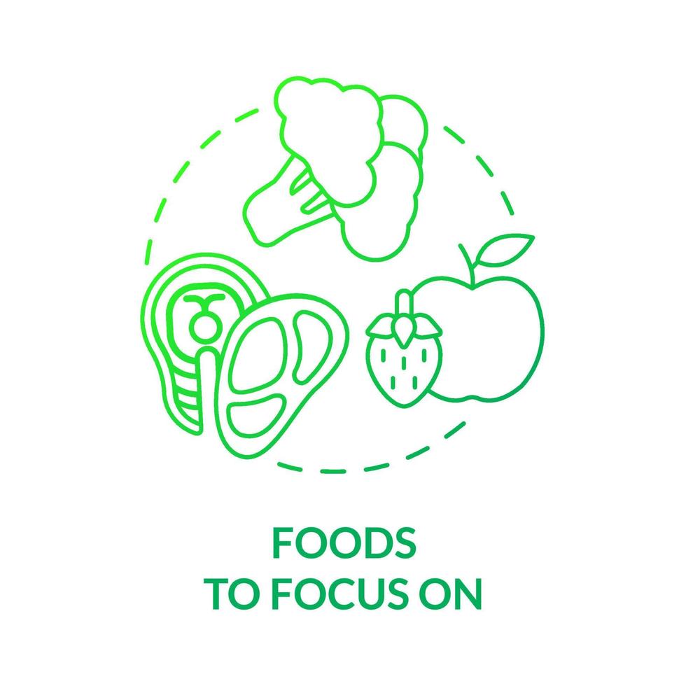 Foods to focus green gradient on concept icon. Natural products for health. Fitness lifestyle abstract idea thin line illustration. Isolated outline drawing. Roboto-Medium, Myriad Pro-Bold fonts used vector