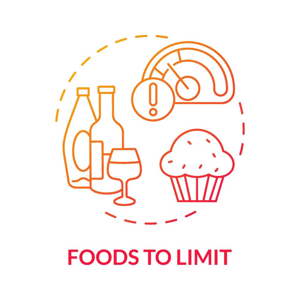 Foods to limit red gradient concept icon. Wrong products. Wellness lifestyle abstract idea thin line illustration. Isolated outline drawing. Roboto-Medium, Myriad Pro-Bold fonts used vector