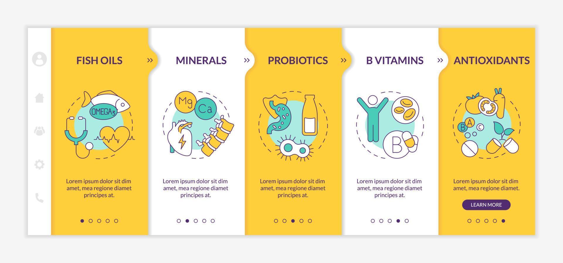 Dietary supplements yellow and orange onboarding template. Fitness food. Responsive mobile website with linear concept icons. Web page walkthrough 5 step screens. Lato-Bold, Regular fonts used vector