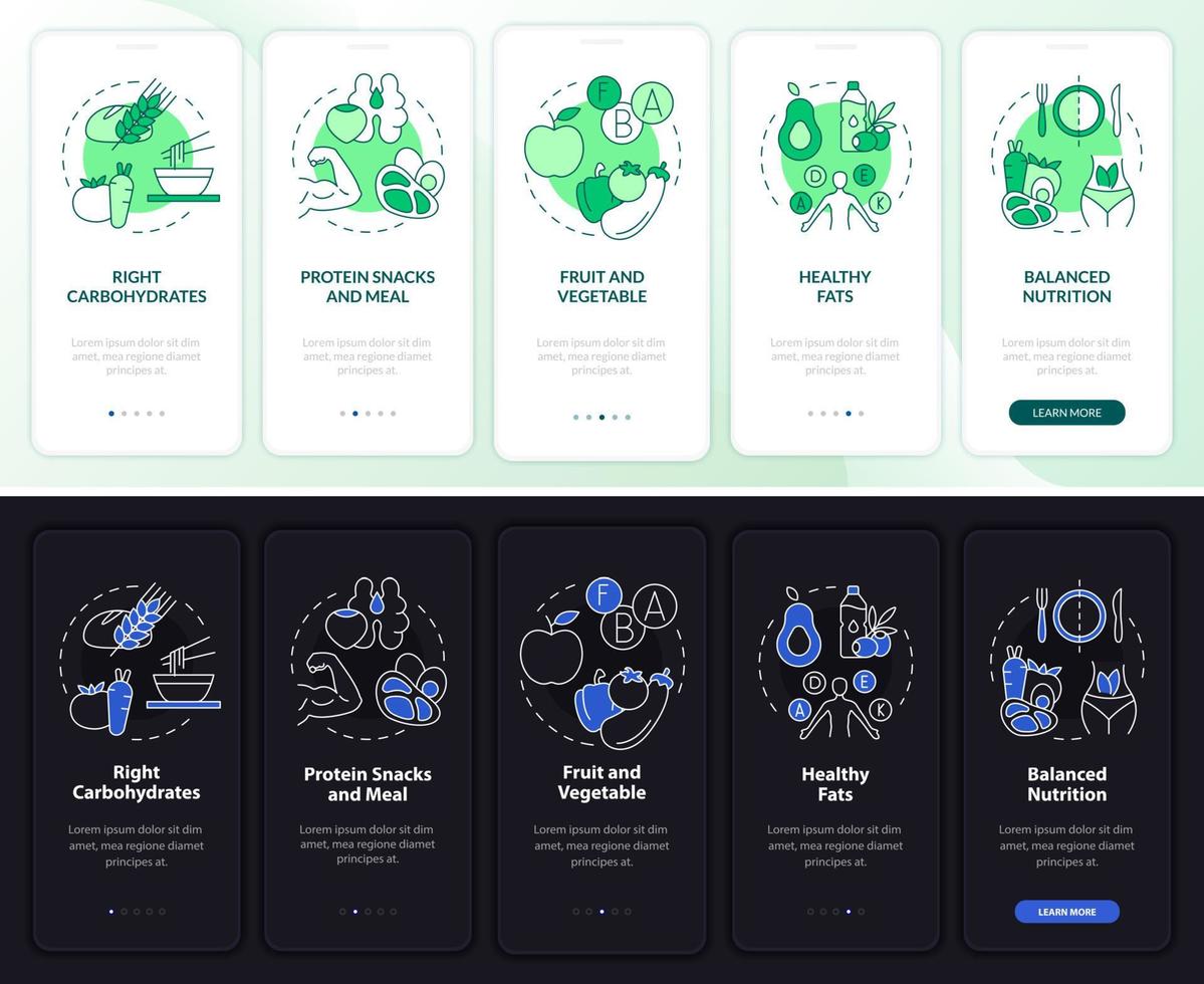 Food for exercises night and day mode onboarding mobile app screen. Diet walkthrough 5 steps graphic instructions pages with linear concepts. UI, UX, GUI template. Myriad Pro-Bold, Regular fonts used vector