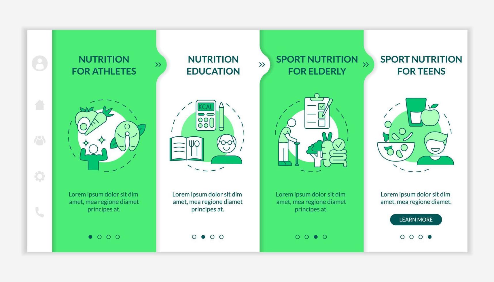 Eating for exercise and sport green and white onboarding template. Choose food. Responsive mobile website with linear concept icons. Web page walkthrough 4 step screens. Lato-Bold, Regular fonts used vector