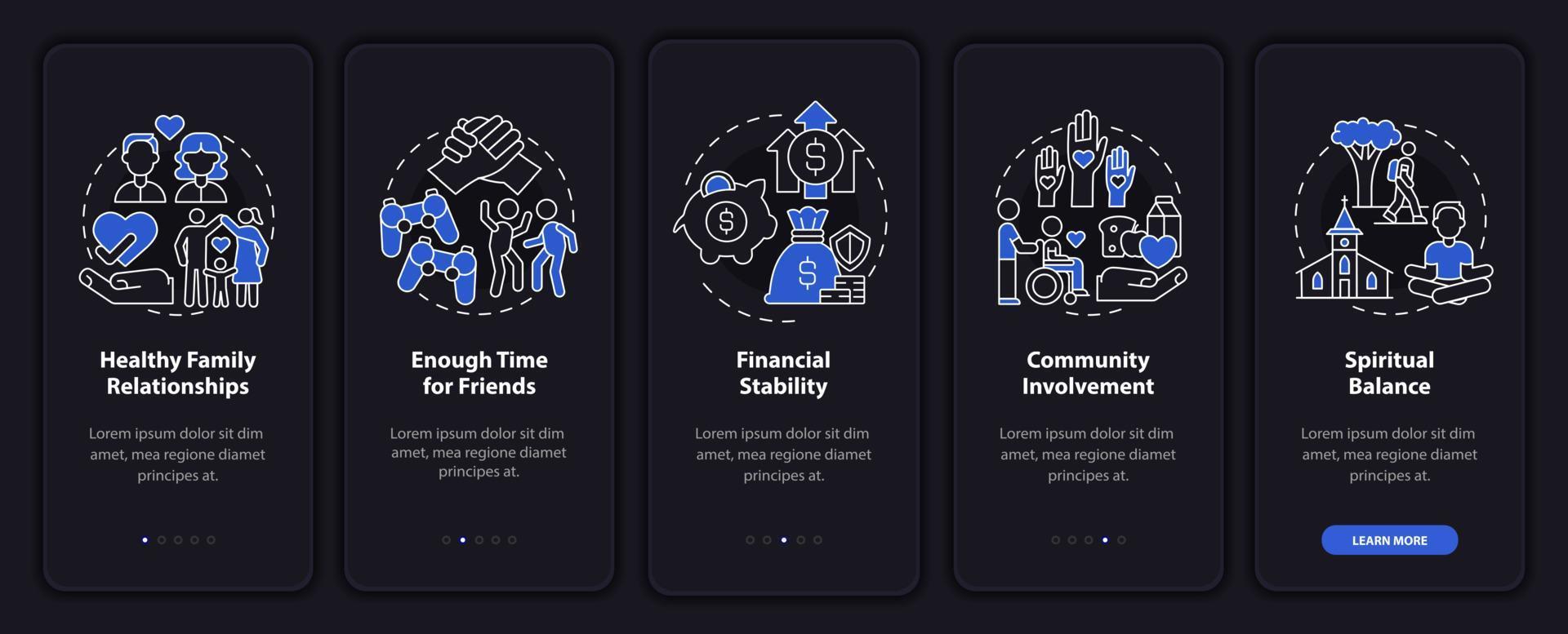 signos de la pantalla de la aplicación móvil incorporada en el modo nocturno de vida equilibrada. tutorial de cuidado personal páginas de instrucciones gráficas de 5 pasos con conceptos lineales. interfaz de usuario, ux, plantilla de interfaz gráfica de usuario. innumerables fuentes pro-negrita y regulares utilizadas vector