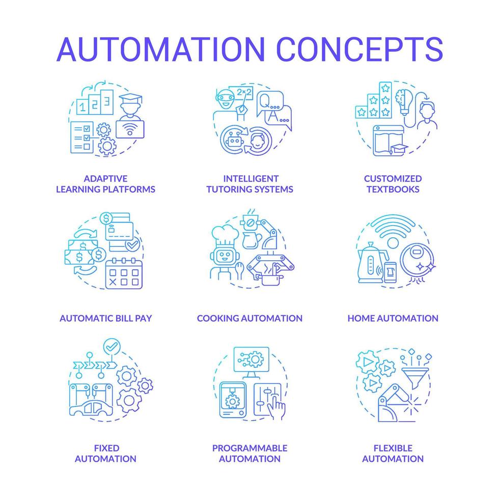 Automation blue gradient concept icons set. Household automated devices idea thin line color illustrations. Isolated outline drawings. Editable stroke. Roboto-Medium, Myriad Pro-Bold fonts used vector