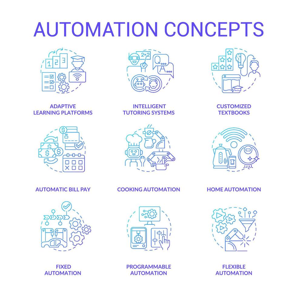 Automation blue gradient concept icons set. Household automated devices idea thin line color illustrations. Isolated outline drawings. Editable stroke. Roboto-Medium, Myriad Pro-Bold fonts used vector