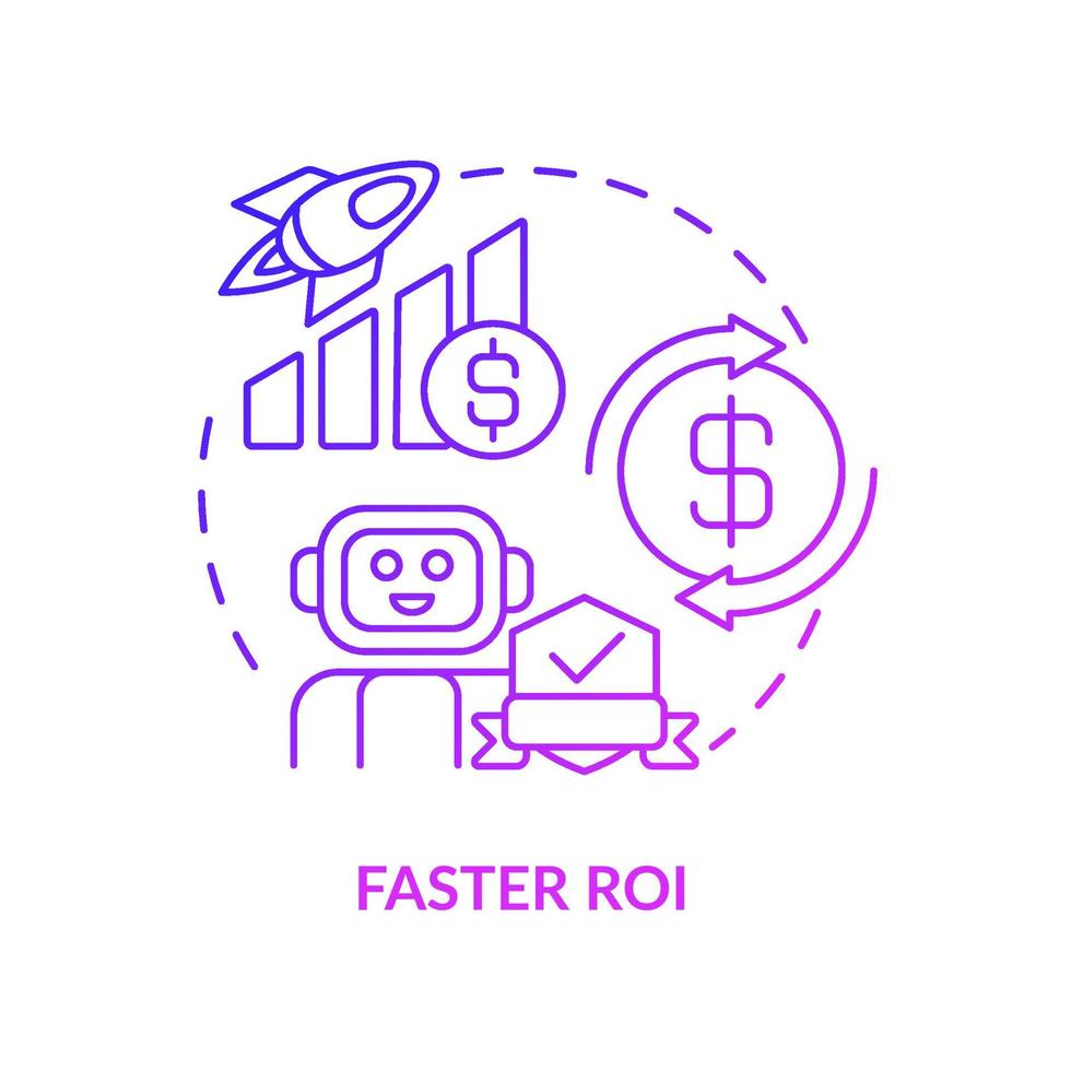Faster ROI purple gradient concept icon. Return on investment abstract idea thin line illustration. Isolated outline drawing. Editable stroke. Roboto-Medium, Myriad Pro-Bold fonts used vector