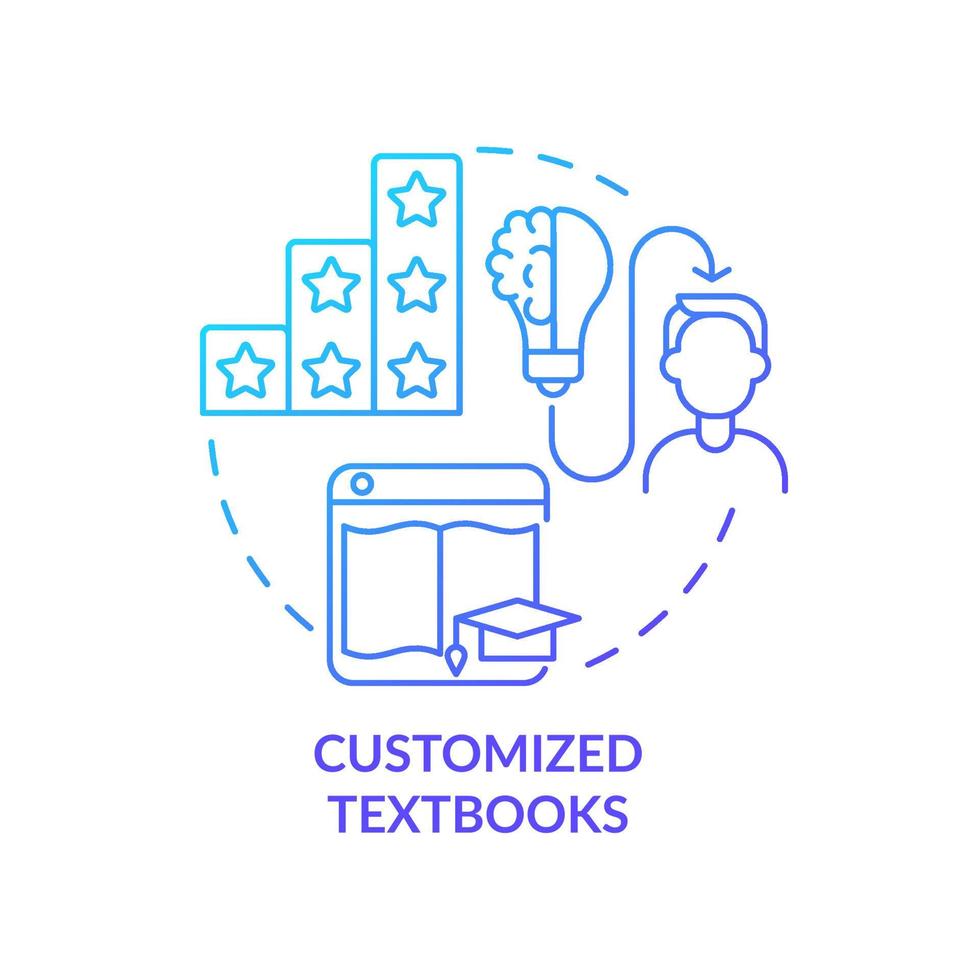 Customized textbooks blue gradient concept icon. Automated education abstract idea thin line illustration. Isolated outline drawing. Editable stroke. Roboto-Medium, Myriad Pro-Bold fonts used vector