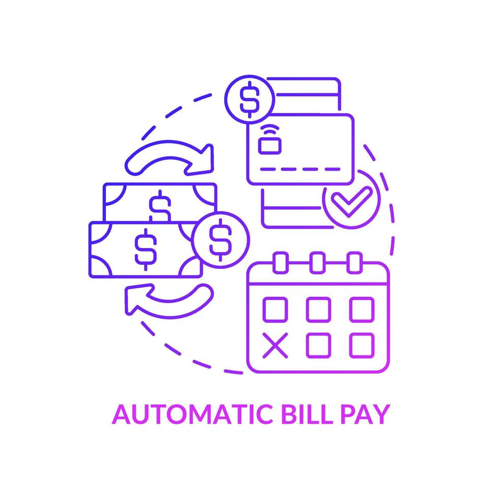 icono de concepto de gradiente púrpura de pago automático de facturas. sistemas bancarios automatizados idea abstracta ilustración de línea delgada. dibujo de contorno aislado. trazo editable. roboto-medium, innumerables fuentes pro-bold utilizadas vector