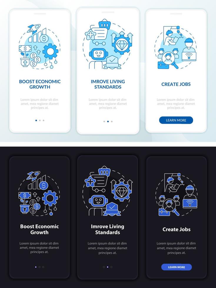 Positive automation impact night, day onboarding mobile app screen. Walkthrough 3 steps graphic instructions pages with linear concepts. UI, UX, GUI template. Myriad Pro-Bold, Regular fonts used vector