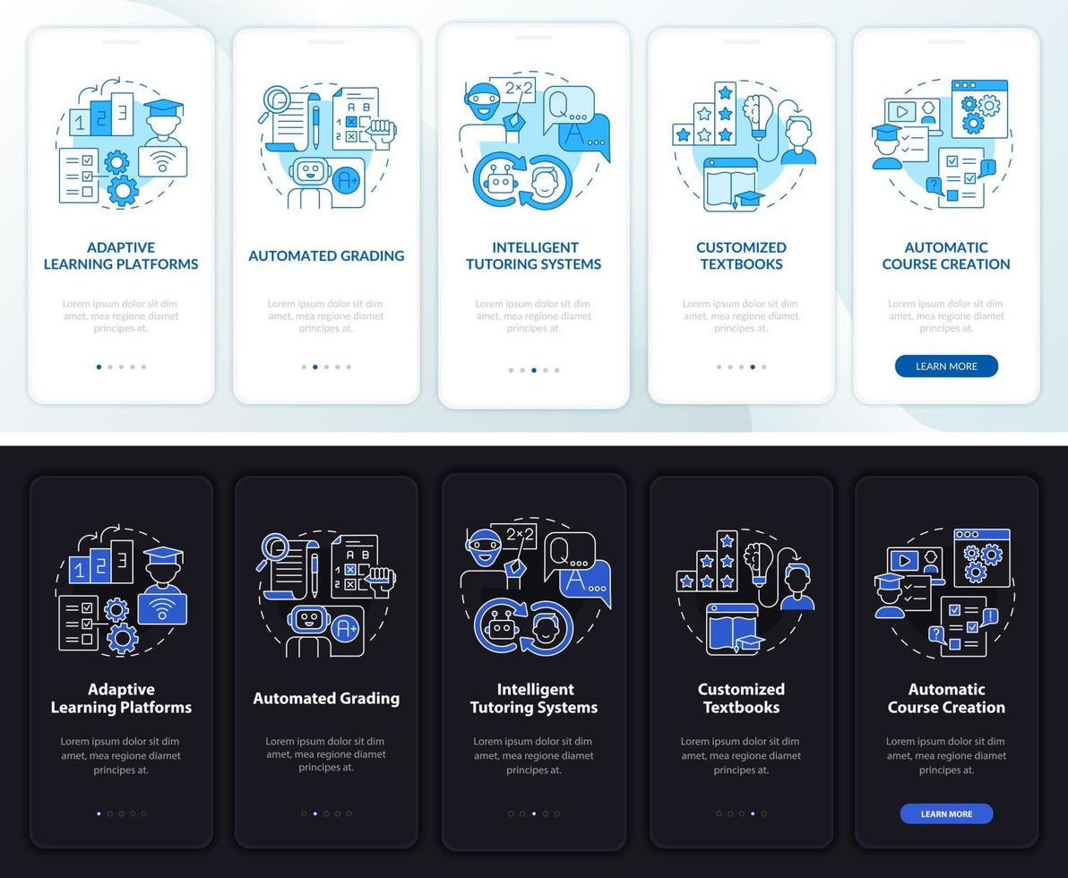 Automation of education night, day onboarding mobile app screen set. Walkthrough 5 steps graphic instructions pages with linear concepts. UI, UX, GUI template. Myriad Pro-Bold, Regular fonts used vector