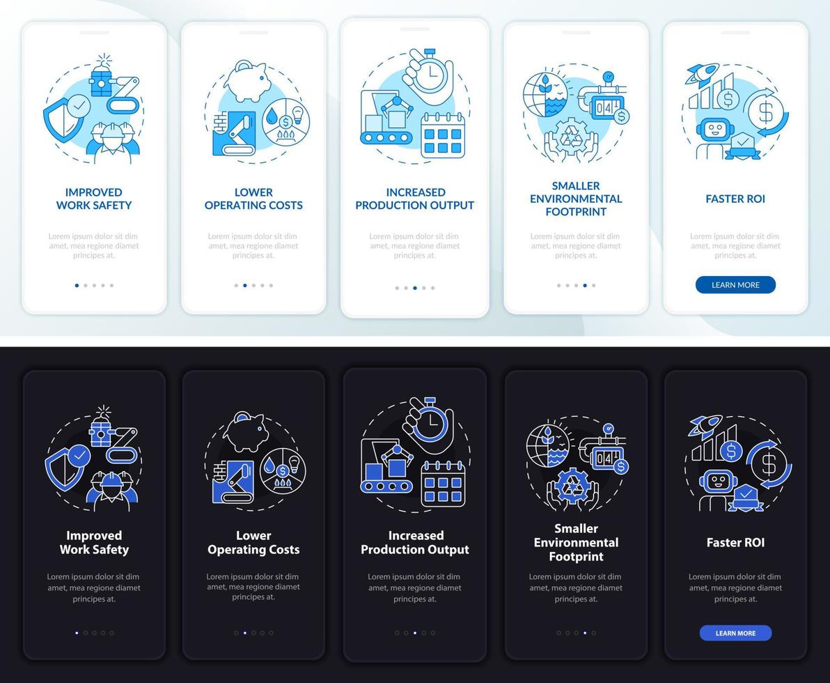 Benefits of automation night, day onboarding mobile app screen. Walkthrough 5 steps graphic instructions pages with linear concepts. UI, UX, GUI template. Myriad Pro-Bold, Regular fonts used vector