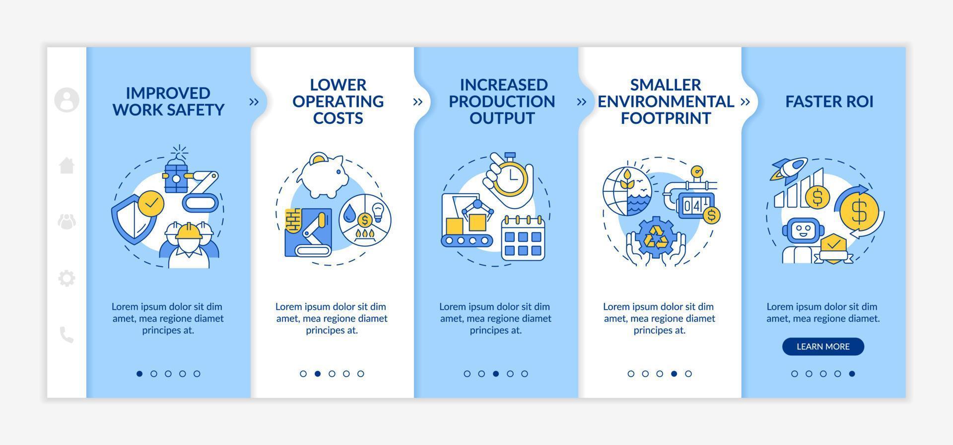 Benefits of industrial automation blue and white onboarding template. Responsive mobile website with linear concept icons. Web page walkthrough 5 step screens. Lato-Bold, Regular fonts used vector