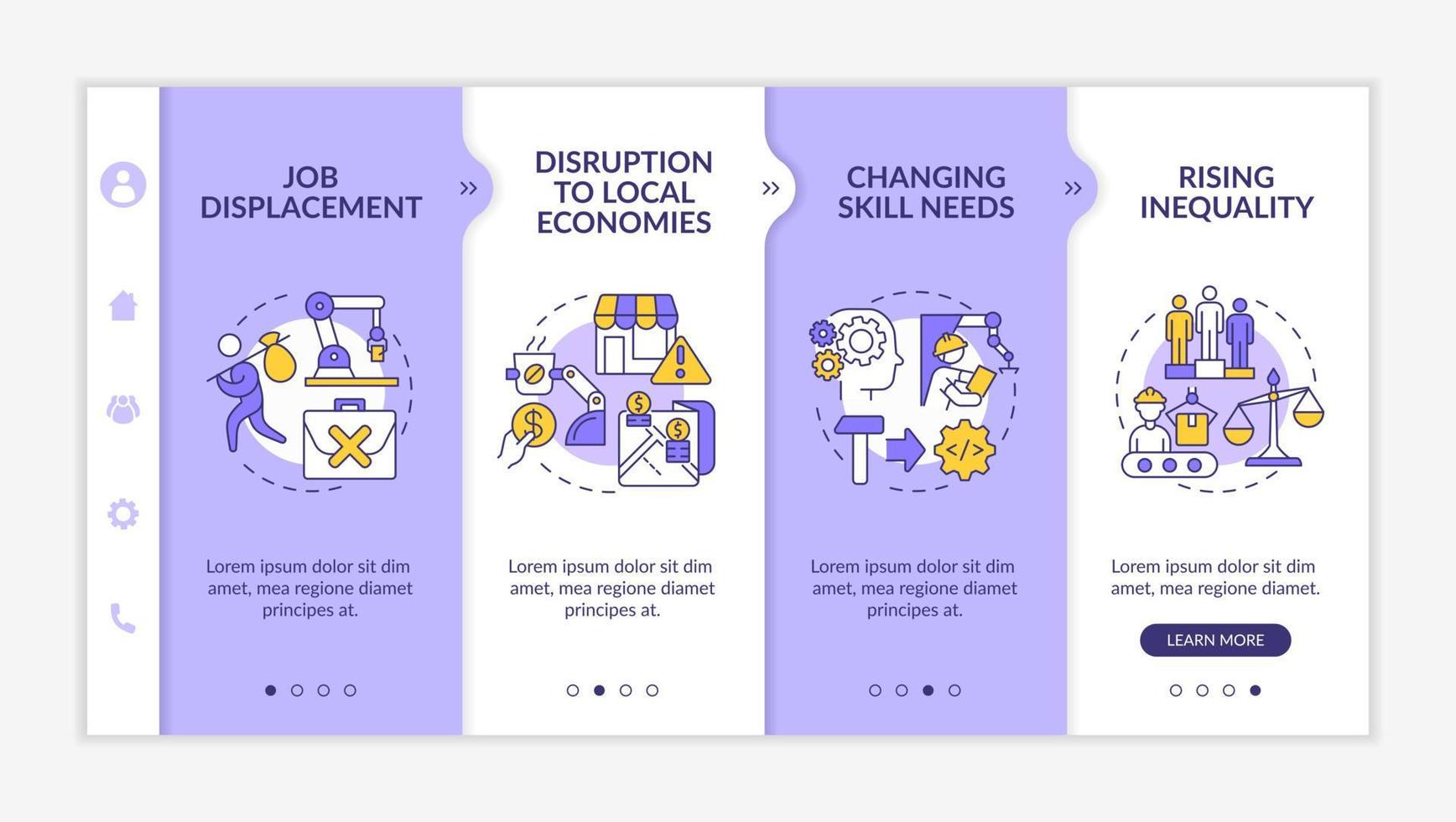 Negative automation impact on society white and purple onboarding template. Responsive mobile website with linear concept icons. Web page walkthrough 5 step screens. Lato-Bold, Regular fonts used vector
