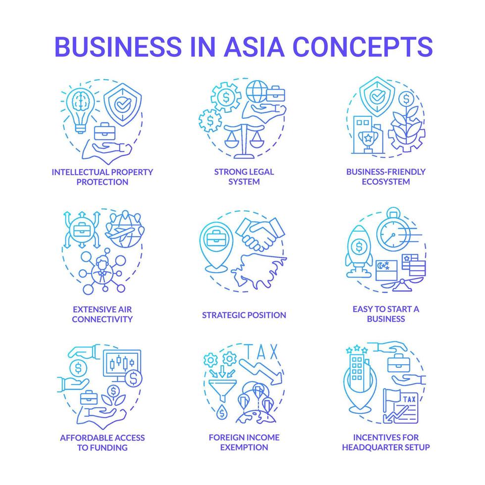 Business in Asia blue gradient concept icons set. Foreign income exemption idea thin line color illustrations. Strategic position. Isolated outline drawings. Roboto-Medium, Myriad Pro-Bold fonts used vector