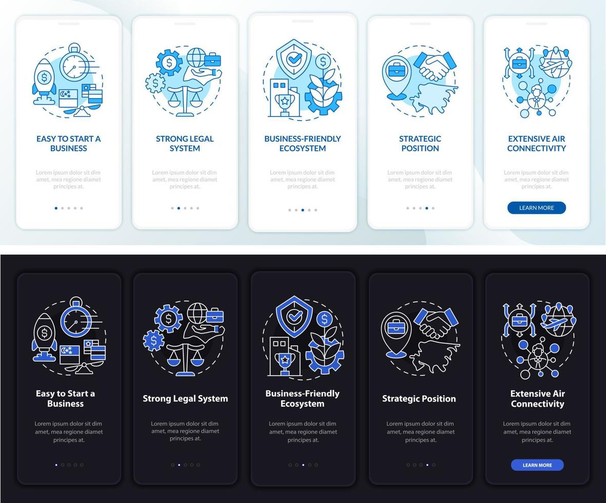 Business friendliness night and day mode onboarding mobile app screen. Walkthrough 5 steps graphic instructions pages with linear concepts. UI, UX, GUI template. Myriad Pro-Bold, Regular fonts used vector