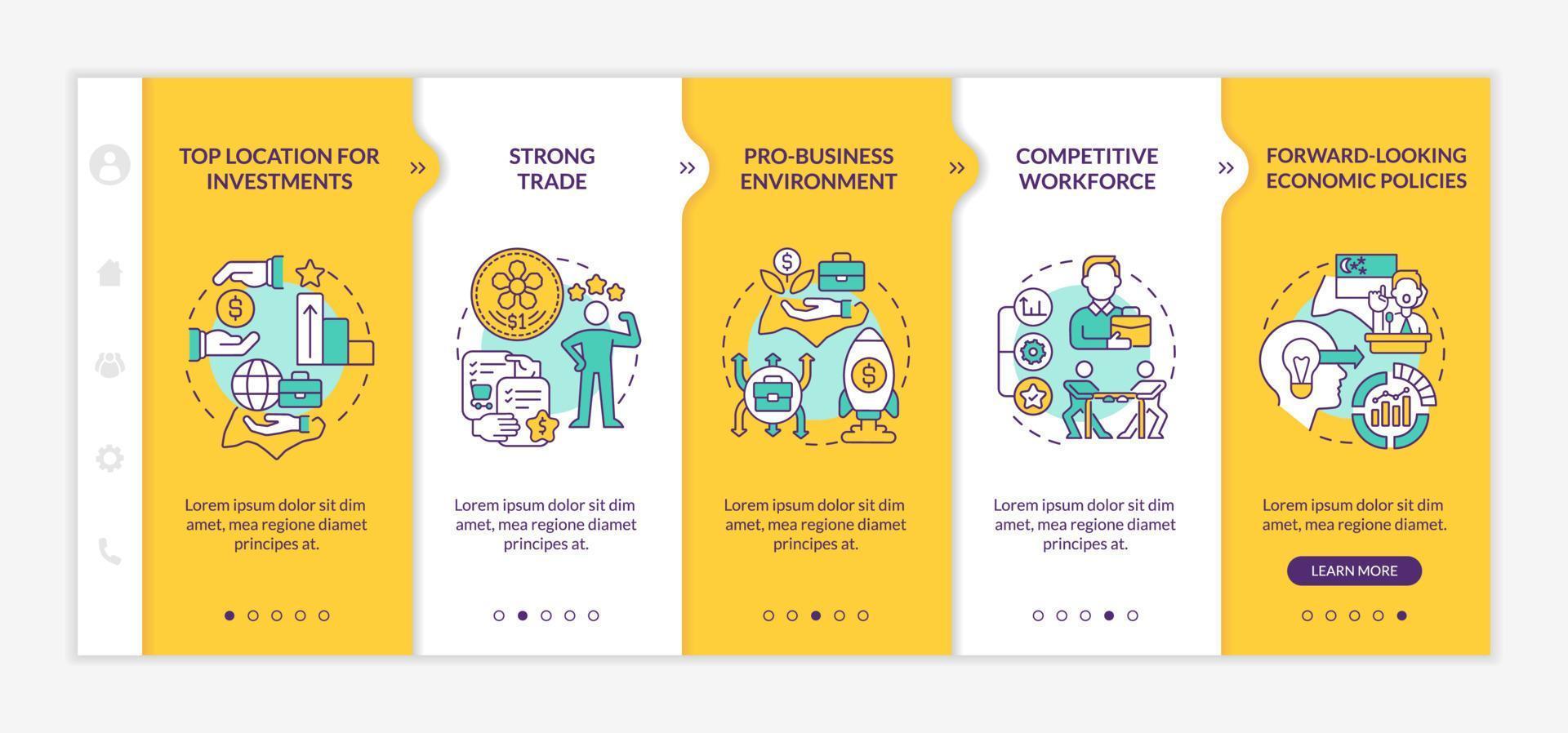 Doing business in Singapore yellow and orange onboarding template. Top location. Responsive mobile website with linear concept icons. Web page walkthrough 5 step screens. Lato-Bold, Regular fonts used vector