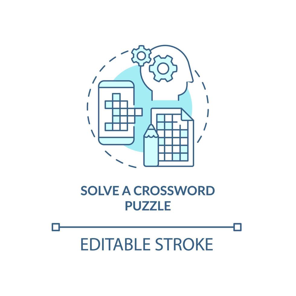 Solve crossword puzzle turquoise concept icon. Morning exercises for mind abstract idea thin line illustration. Isolated outline drawing. Editable stroke. Roboto-Medium, Myriad Pro-Bold fonts used vector