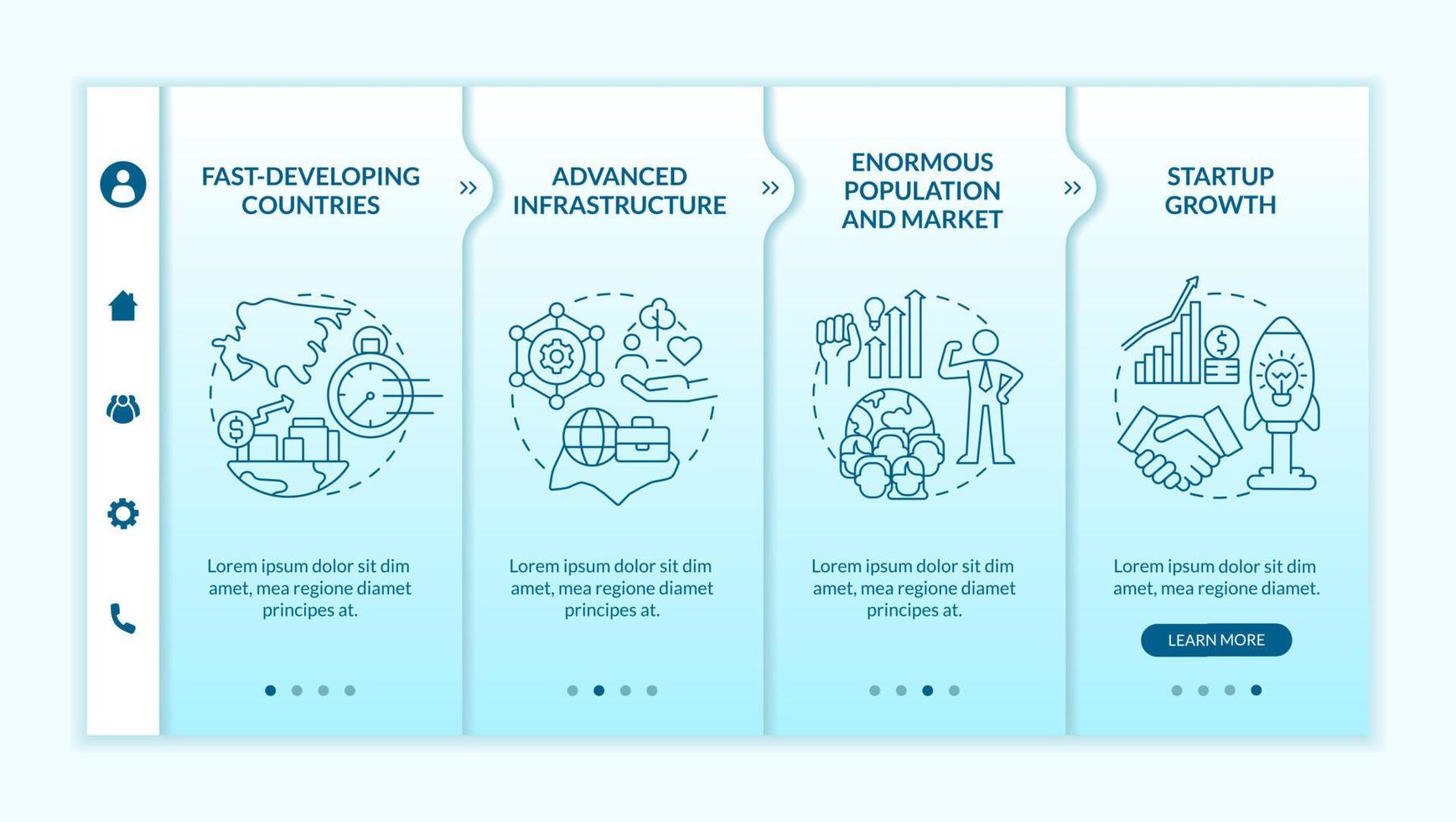 Expanding business into Asia turquoise gradient onboarding template. Responsive mobile website with linear concept icons. Web page walkthrough 4 step screens. Lato-Bold, Regular fonts used vector