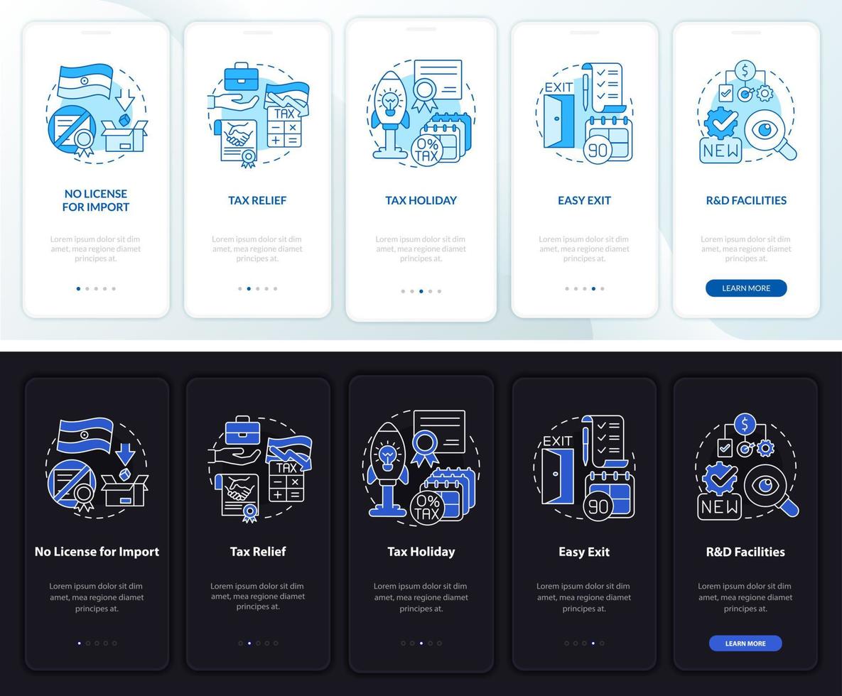 incentivos para los inversores en modo día y noche incorporando la pantalla de la aplicación móvil. tutorial 5 pasos páginas de instrucciones gráficas con conceptos lineales. interfaz de usuario, ux, plantilla de interfaz gráfica de usuario. innumerables fuentes pro-negrita y regulares utilizadas vector