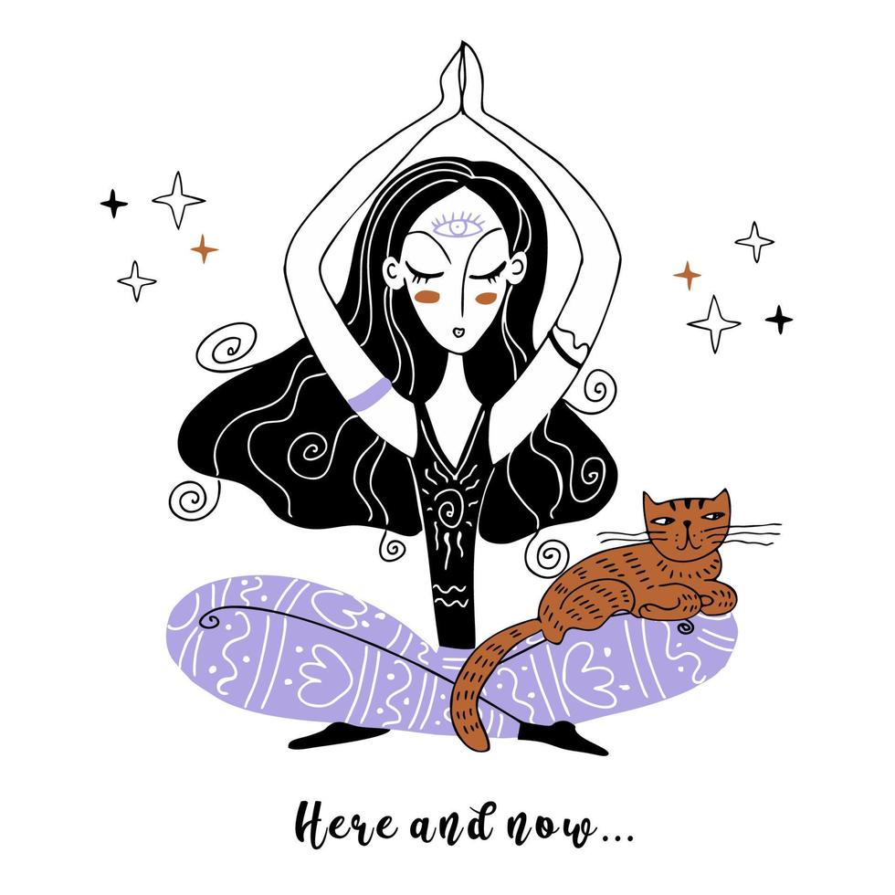 A girl meditates with a cat.Zen Yoga. Here and now. Namaste.  Vector. vector