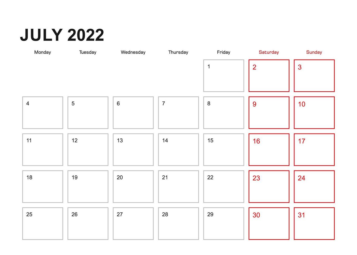 Wall planner for July 2022 in English language, week starts in Monday. vector