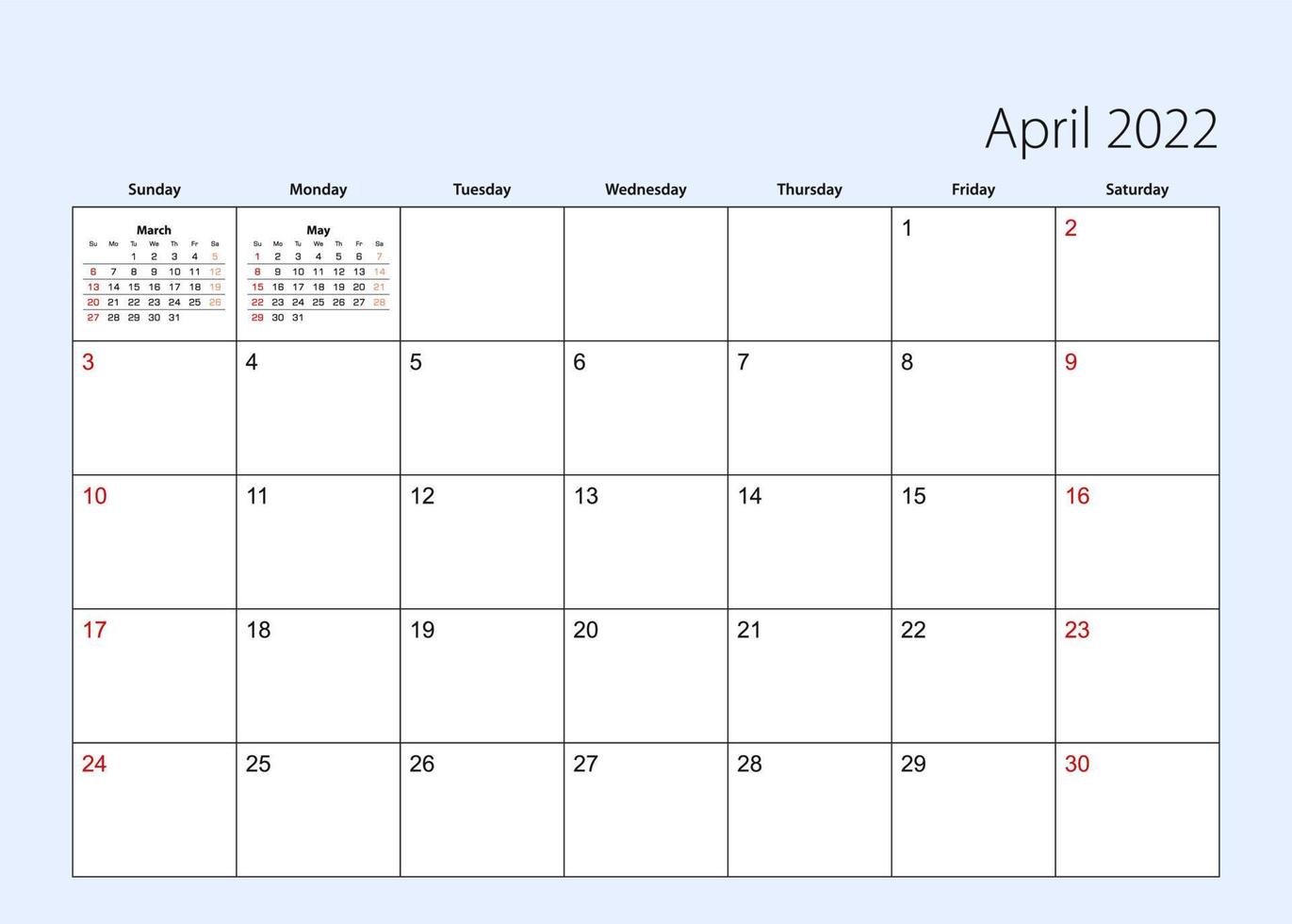 Wall calendar planner for April 2022. English language, week starts from Sunday. vector