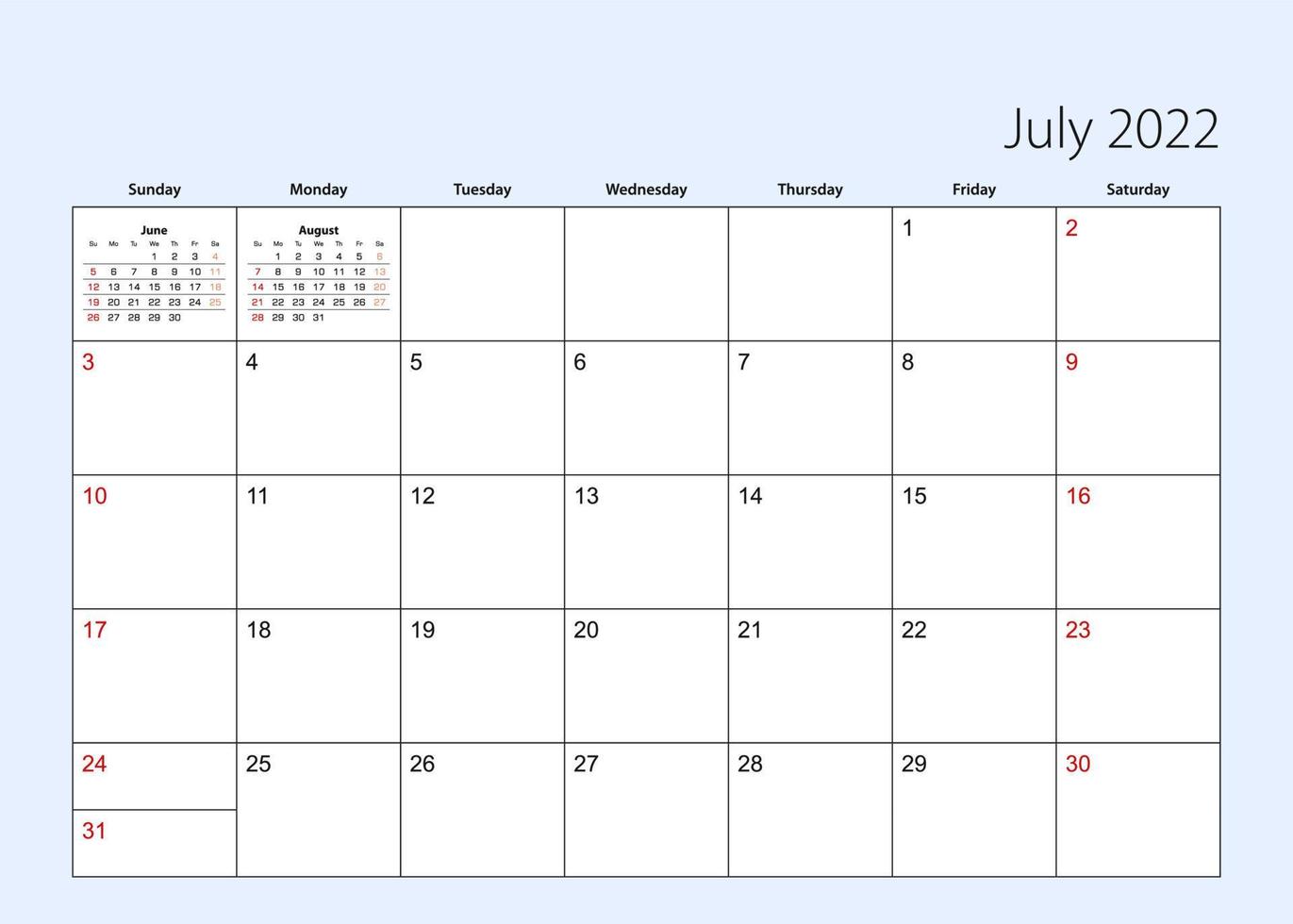 Wall calendar planner for July 2022. English language, week starts from Sunday. vector