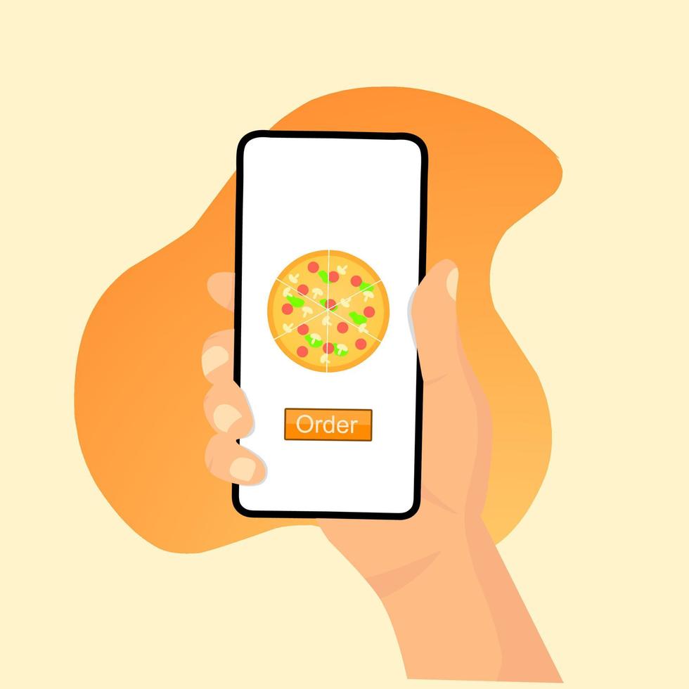 Illustration vector graphics flat design of hands holding smartphone with order pizza online on screen, perfect for mobile application concept