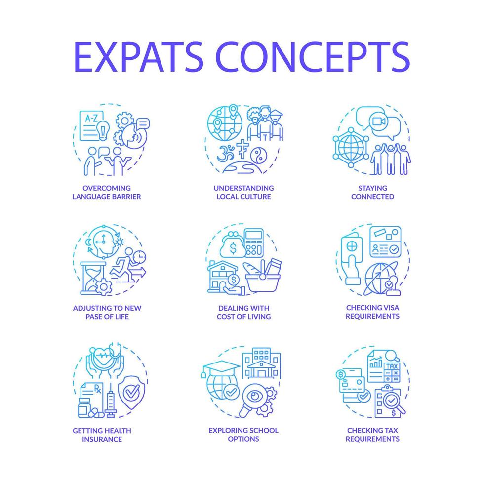 Expats blue gradient concept icons set. Emigration idea thin line color illustrations. Relocate for job and living. Change residence country. New language. Vector isolated outline drawings