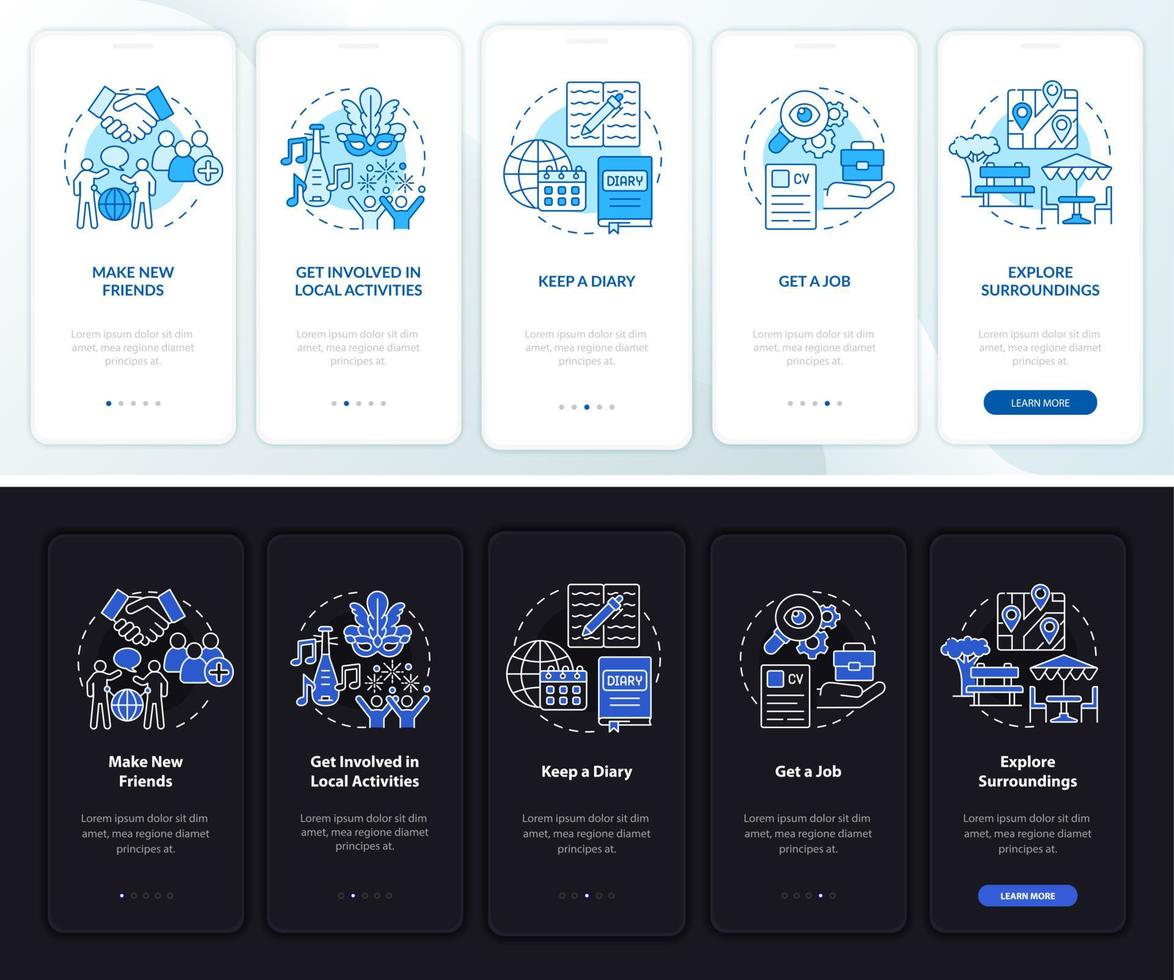 Adjust to living abroad dark, light onboarding mobile app page screen. Walkthrough 5 steps graphic instructions with concepts. UI, UX, GUI vector template with linear night and day mode illustrations