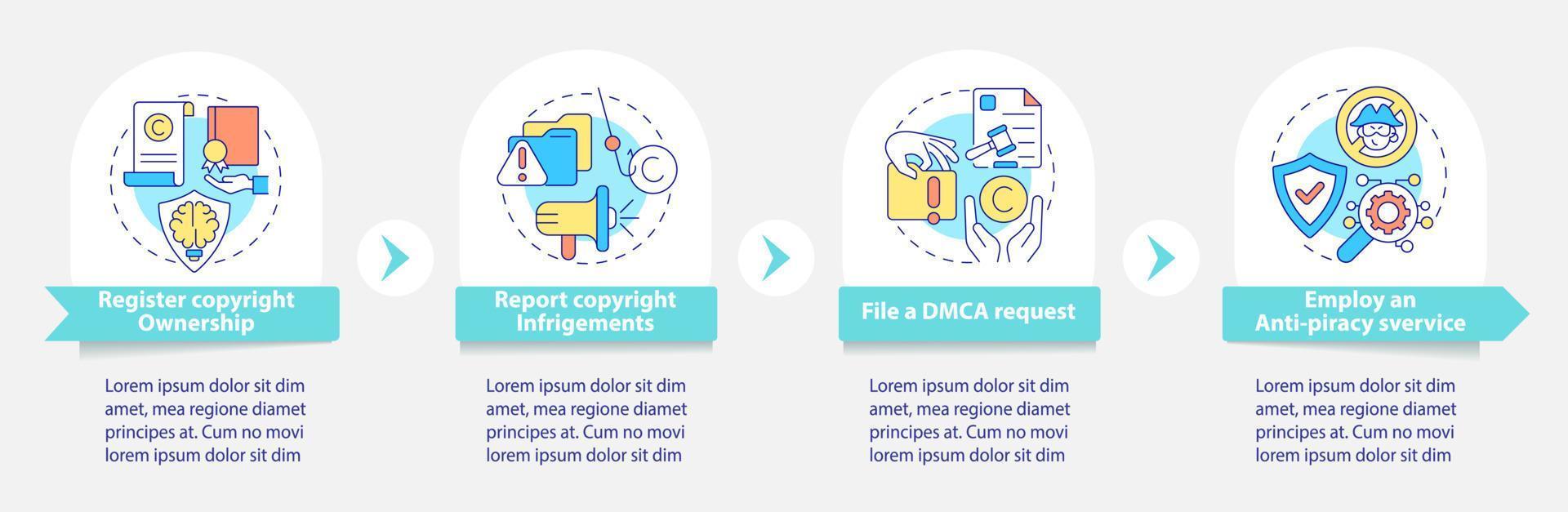 Piracy prevention vector infographic template. Report infringements presentation outline design elements. Data visualization with 4 steps. Process timeline info chart. Workflow layout with line icons