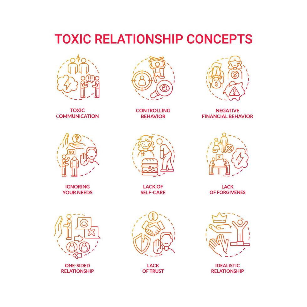 Relationship violence concept icons set. Manipulative and lying partner. Forgiveness and trust absence. Hostile connection idea thin line color illustrations. Vector isolated outline drawings