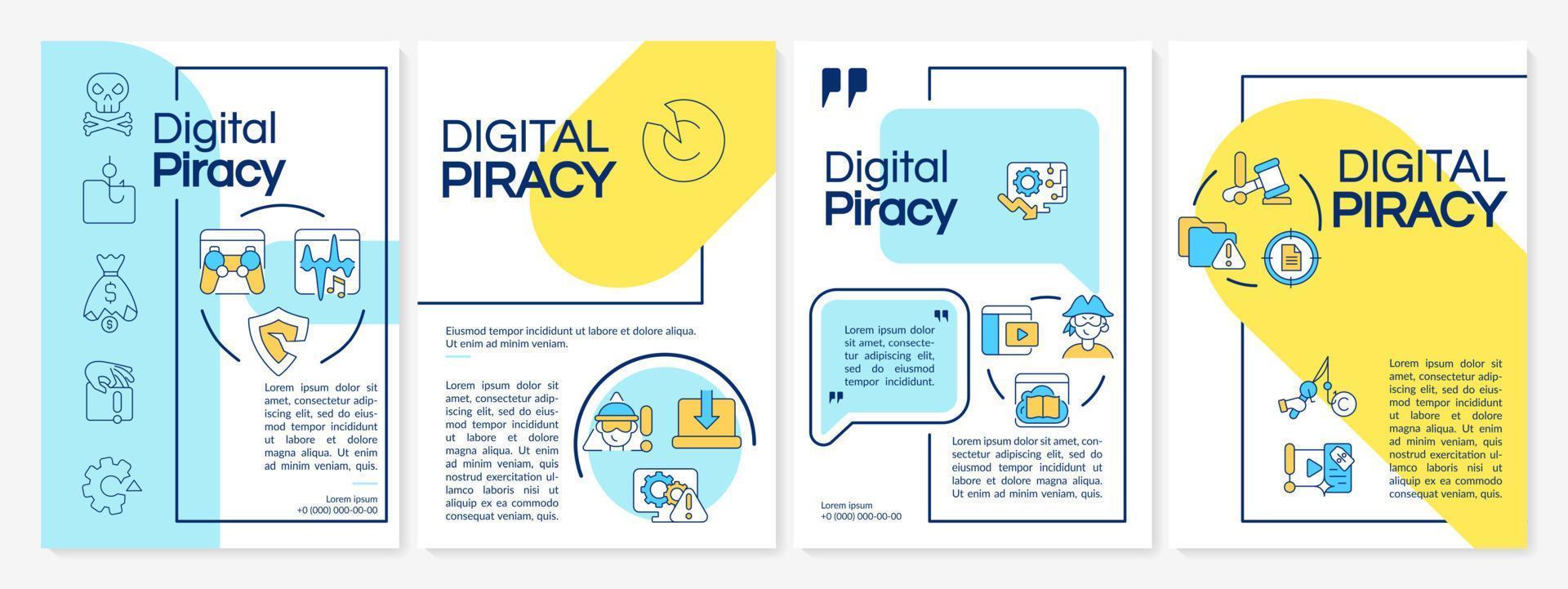 Online piracy brochure template. Materials under copyright law. Flyer, booklet, leaflet print, cover design with linear icons. Vector layouts for presentation, annual reports, advertisement pages