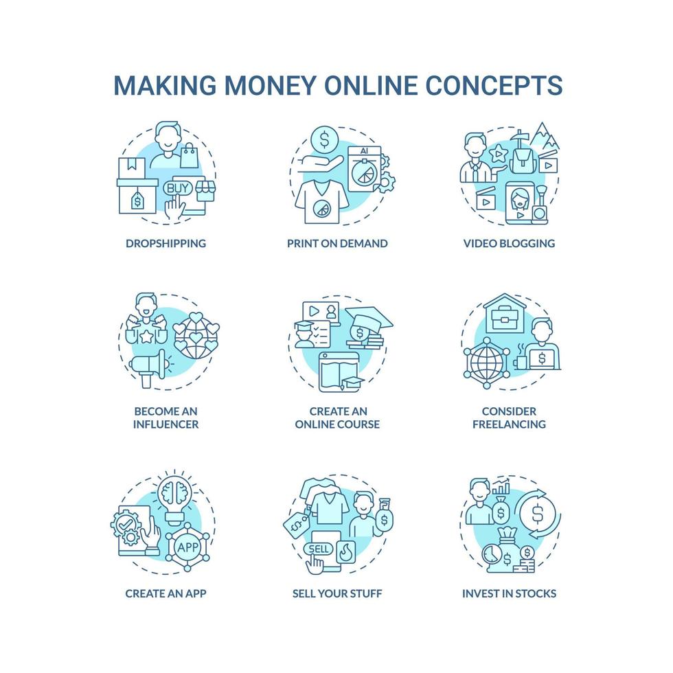 Making money online blue concept icons set. Digital entrepreneurship idea thin line color illustrations. Become influencer. Sell own stuff. Vector isolated outline drawings. Editable stroke