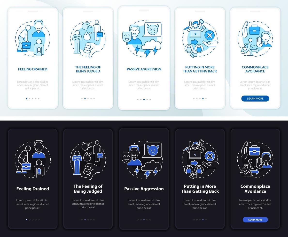 Toxicity at workplace onboarding mobile app page screen. Job burnout walkthrough 5 steps graphic instructions with concepts. UI, UX, GUI vector template with linear night and day mode illustrations