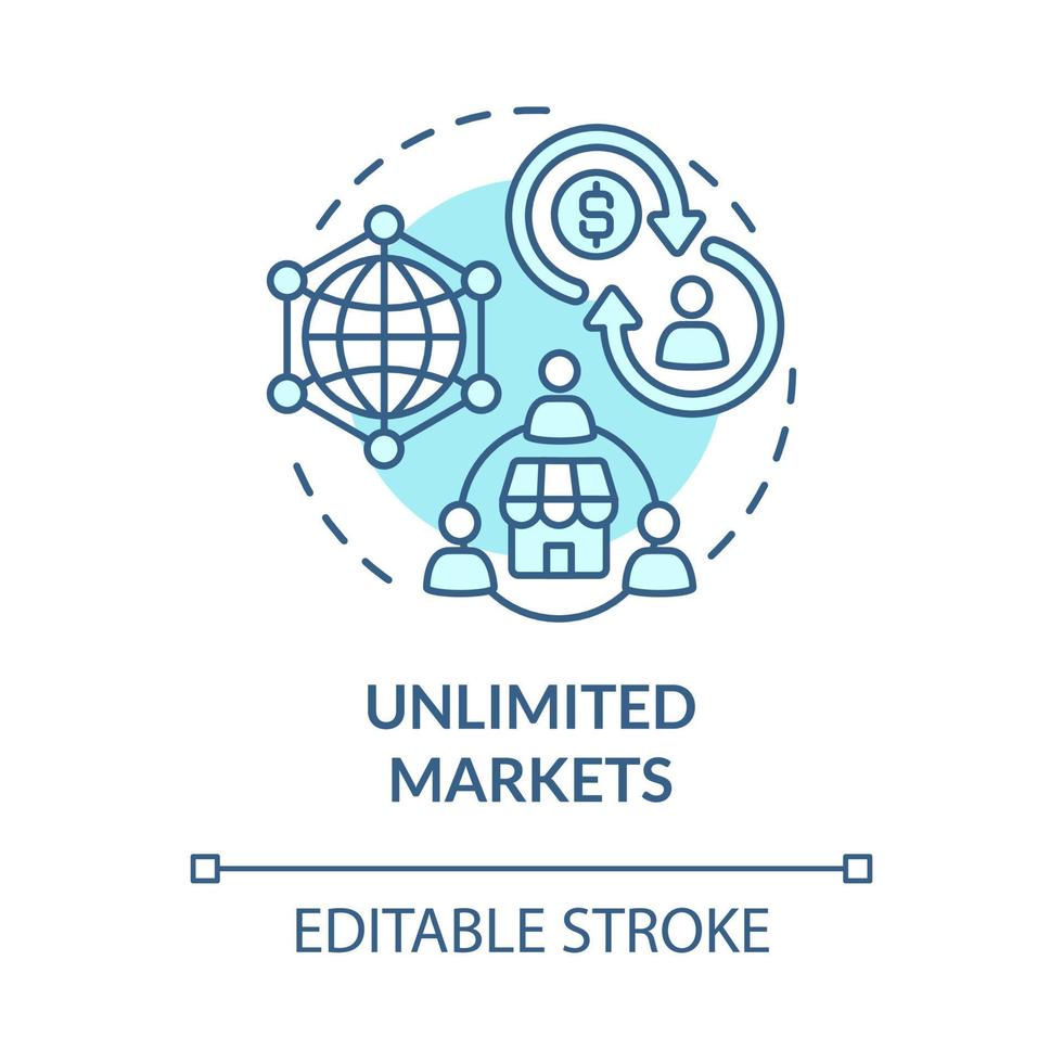 Unlimited markets blue concept icon. Online entrepreneurship benefit abstract idea thin line illustration. E-commerce retailers. Vector isolated outline color drawing. Editable stroke