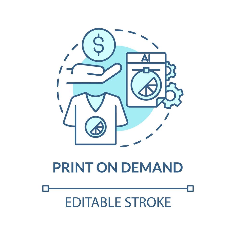 Print on demand blue concept icon. Way to make money online abstract idea thin line illustration. Business process. Selling customized products. Vector isolated outline color drawing. Editable stroke