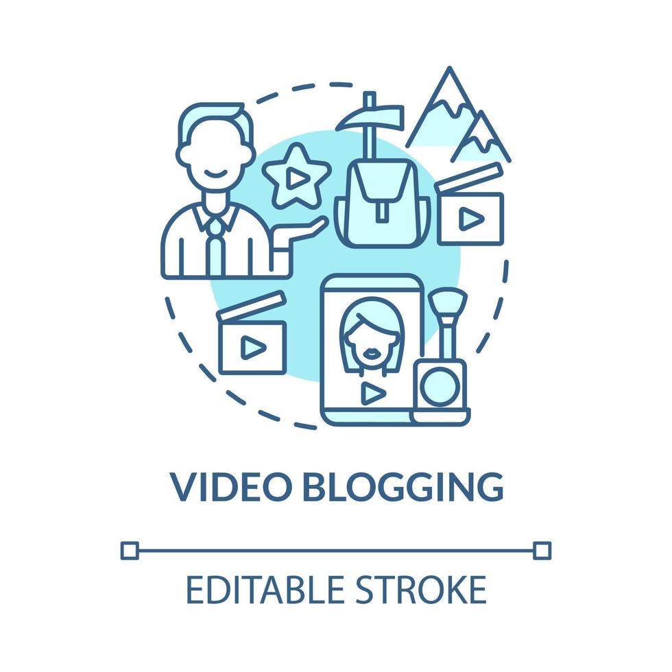 Video blogging blue concept icon. Way to make money online abstract idea thin line illustration. Vlogger shooting. Educational and travel vlogs. Vector isolated outline color drawing. Editable stroke