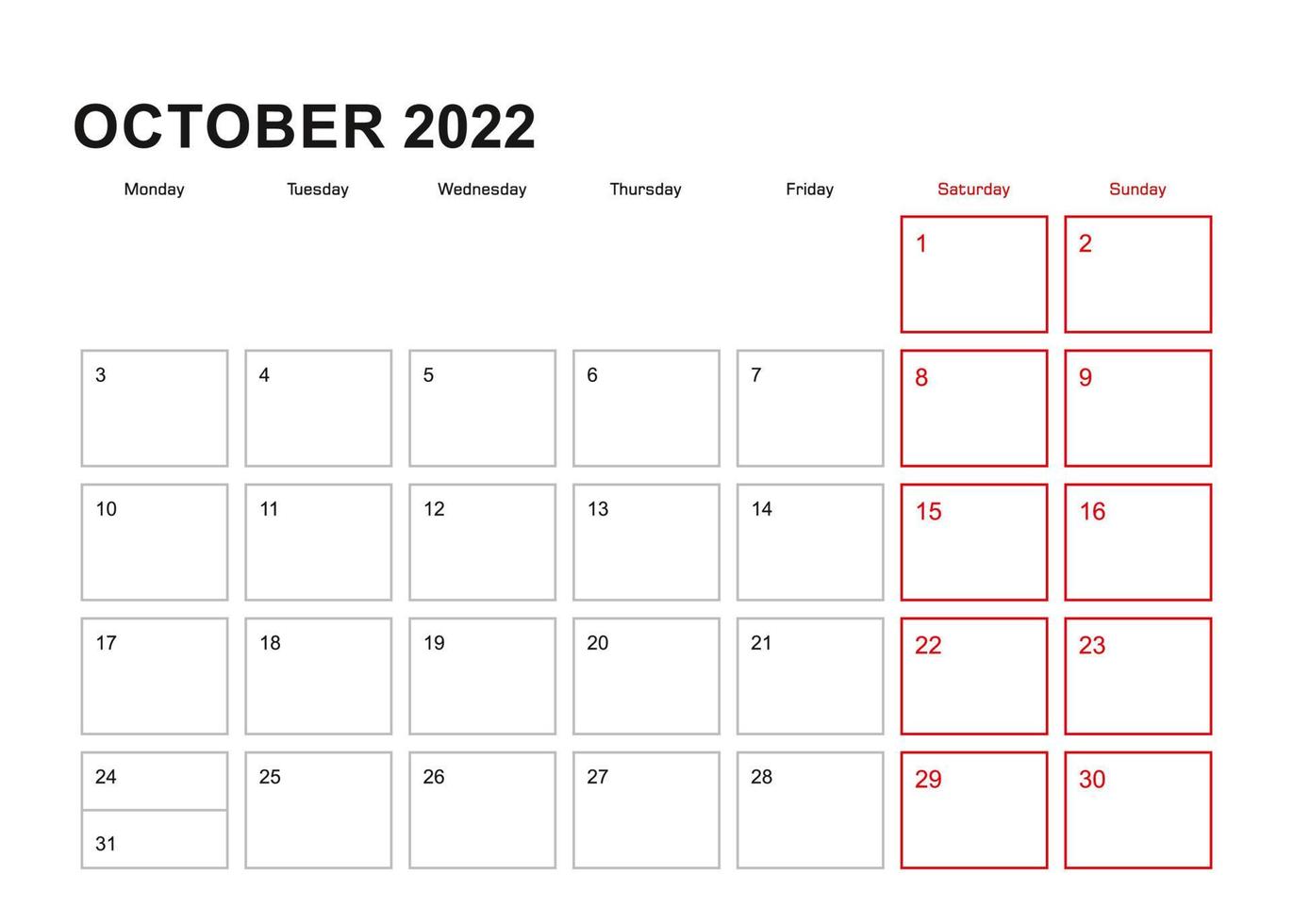 Wall planner for October 2022 in English language, week starts in Monday. vector