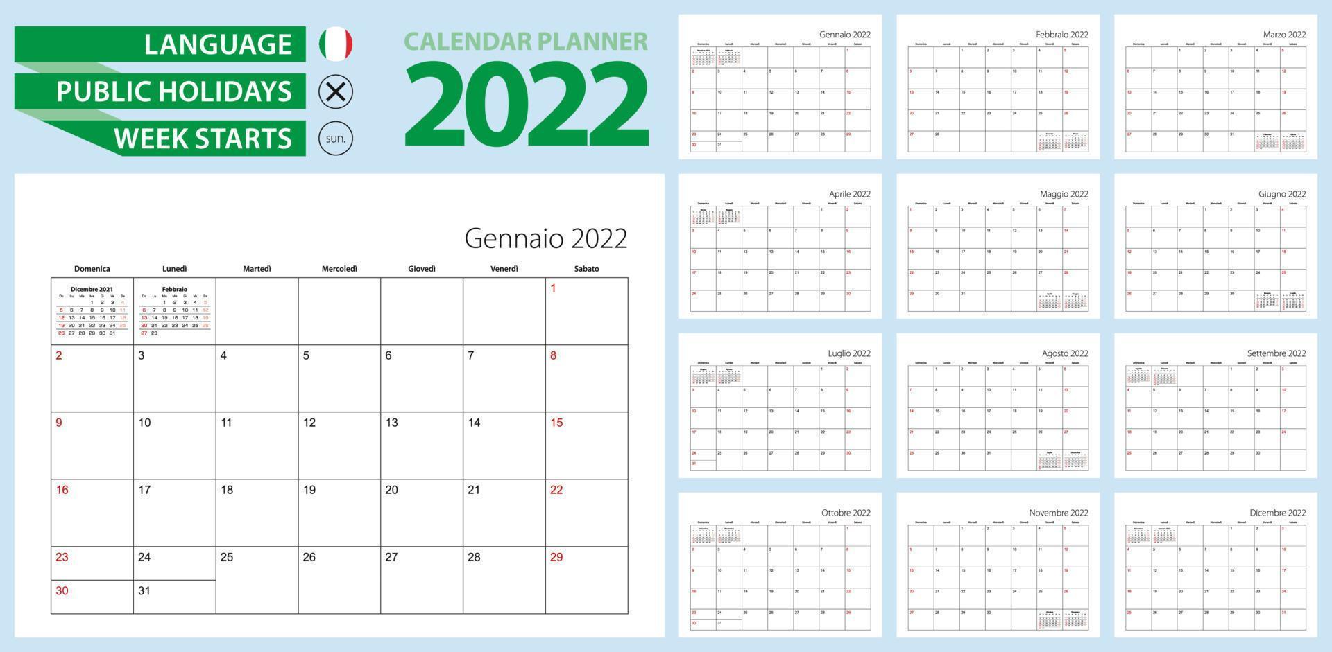 Italian calendar planner for 2022. Italian language, week starts from Sunday. vector